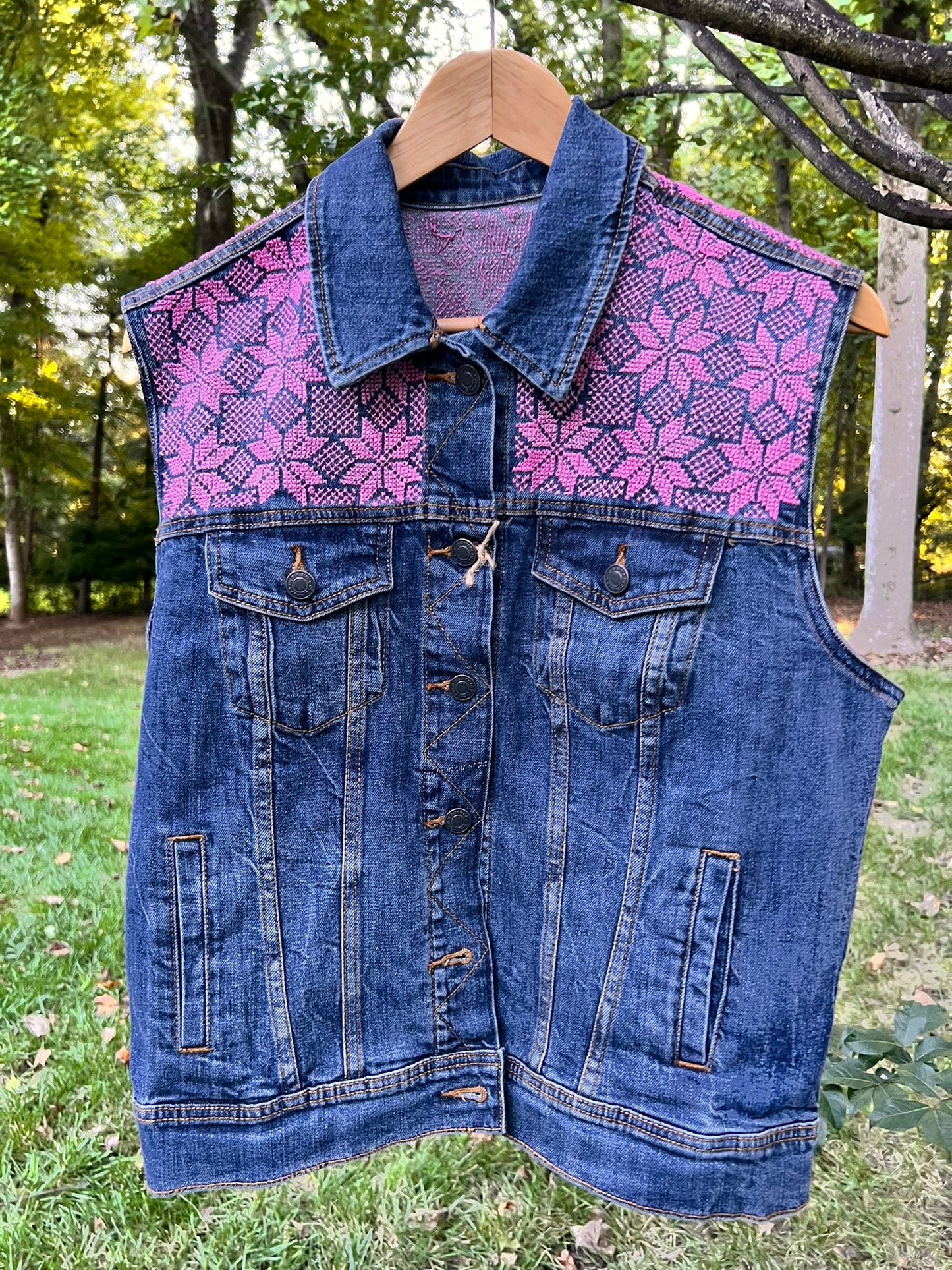 Hand Stitched Tatreez - Jean Vest - Pink Moon of Bethlehem