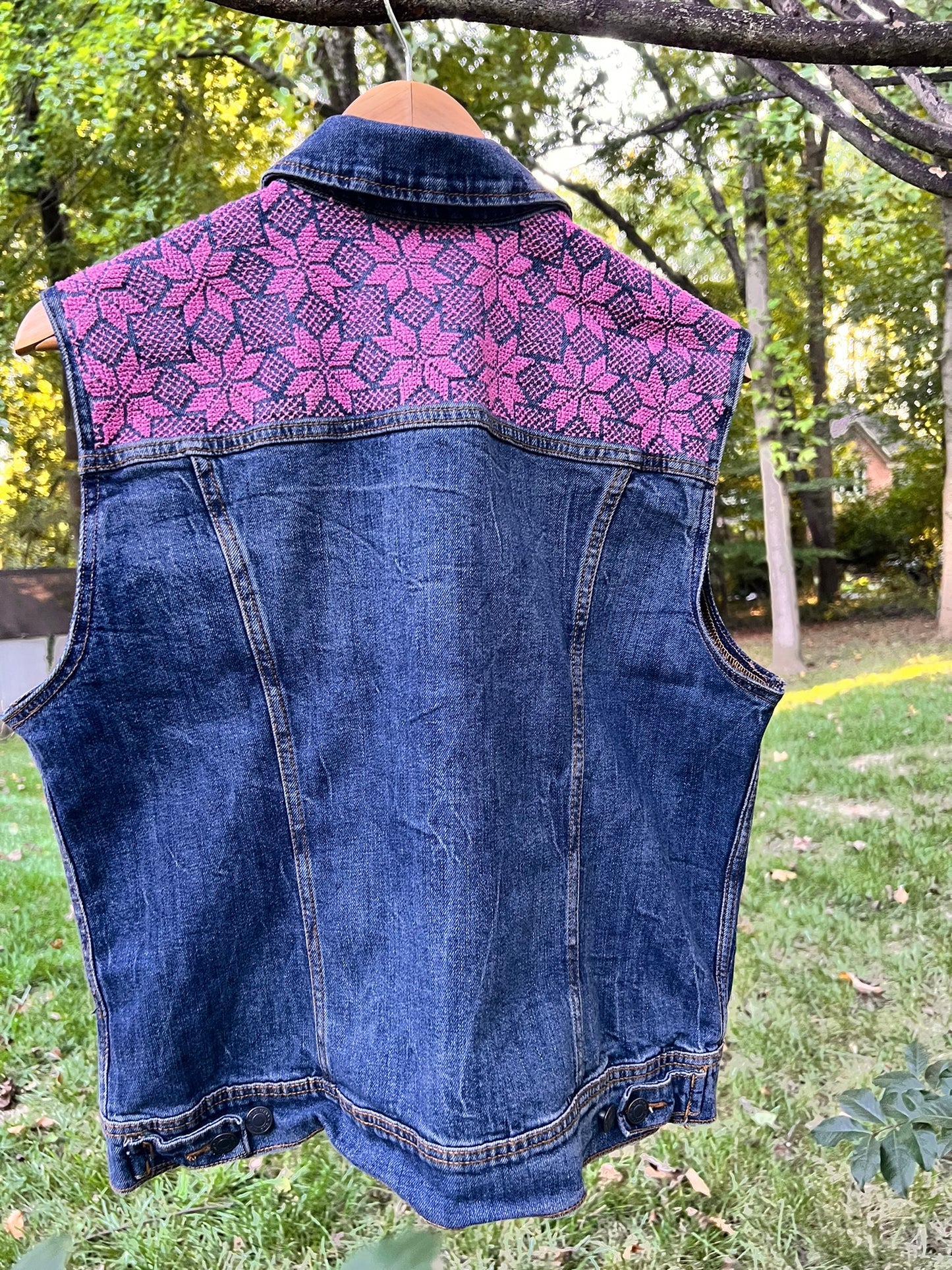 Hand Stitched Tatreez - Jean Vest - Pink Moon of Bethlehem