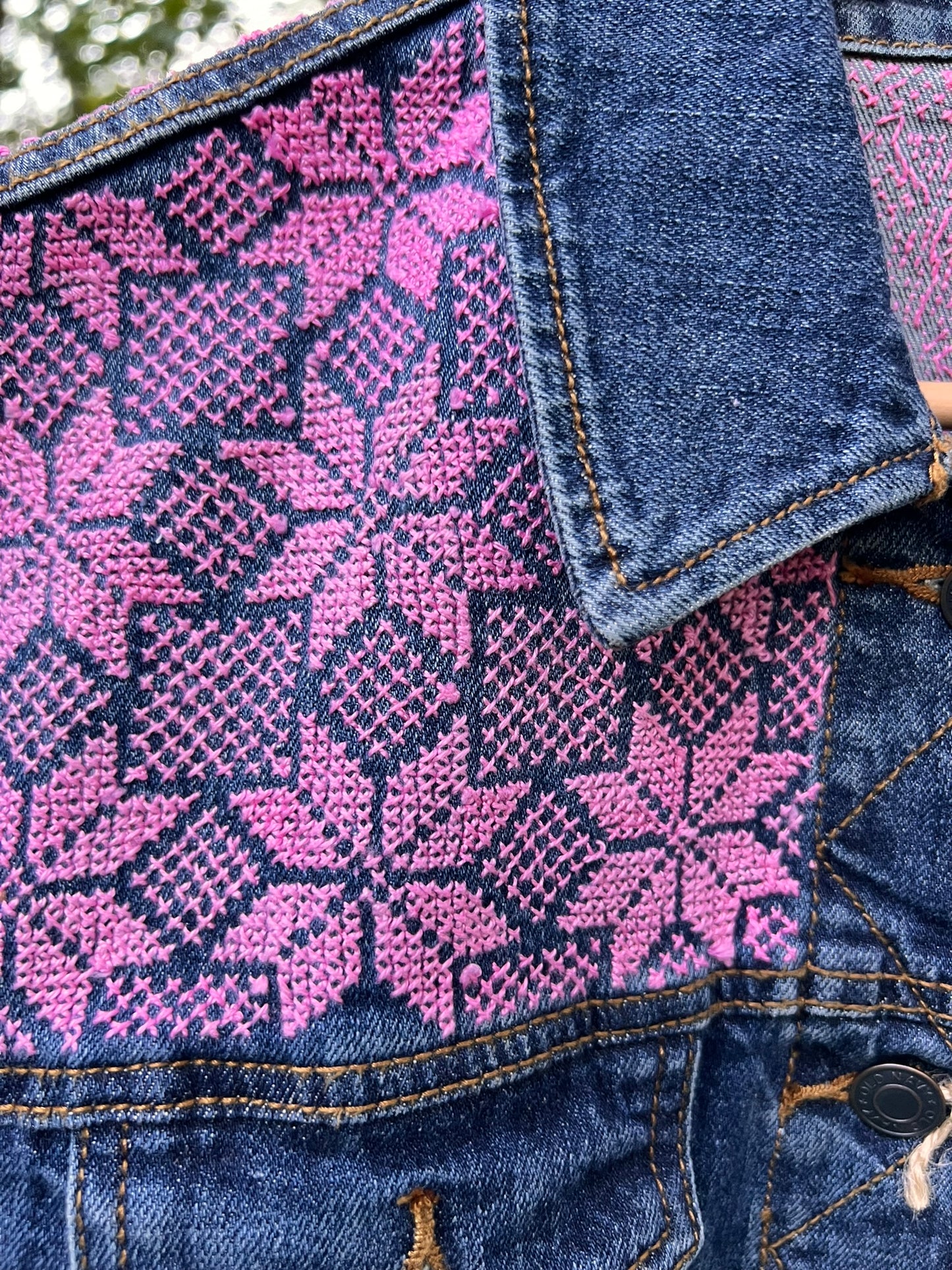 Hand Stitched Tatreez - Jean Vest - Pink Moon of Bethlehem
