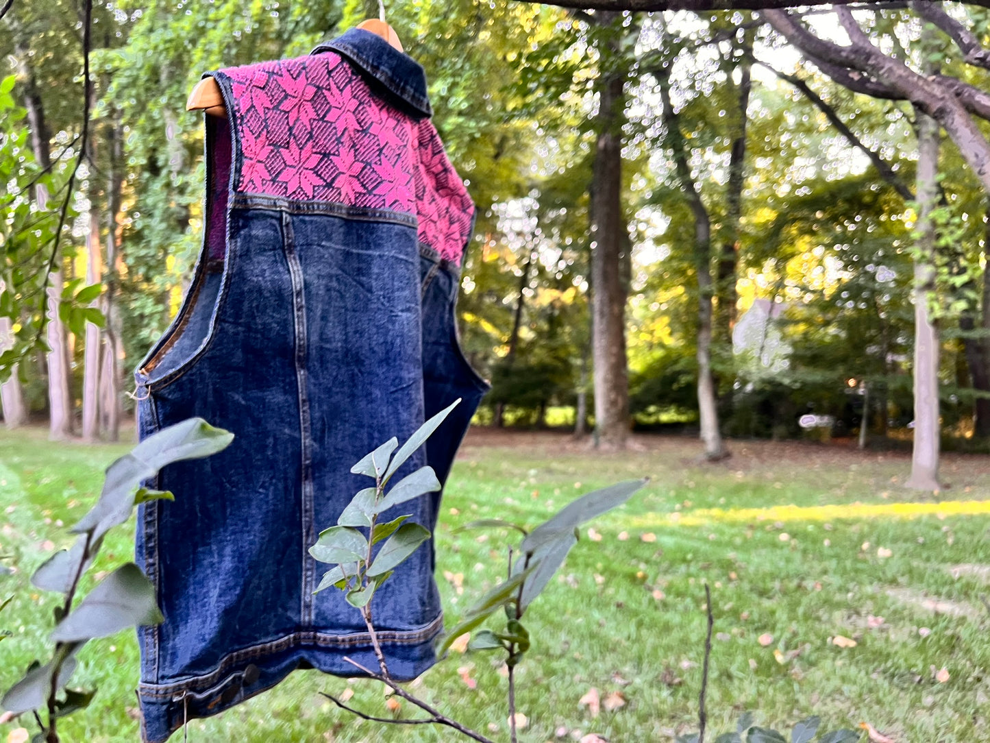 Hand Stitched Tatreez - Jean Vest - Pink Moon of Bethlehem