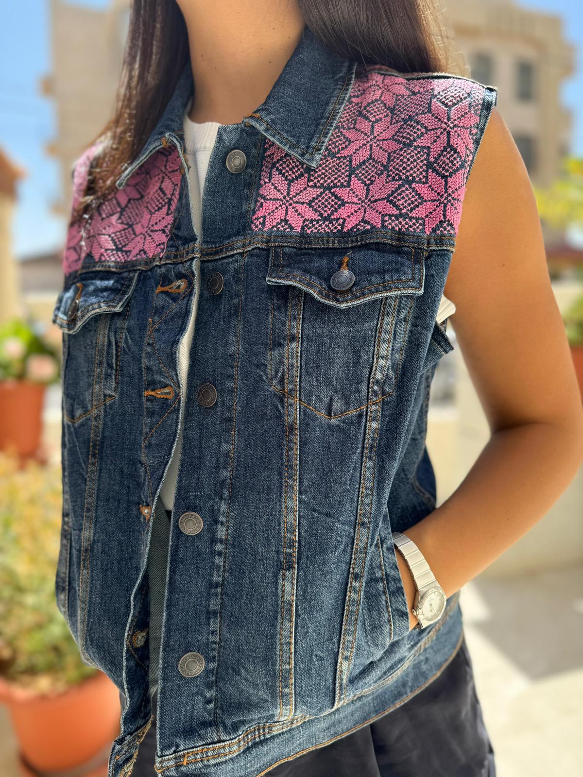 Hand Stitched Tatreez - Jean Vest - Pink Moon of Bethlehem